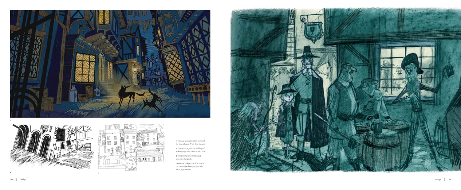 Illustrations of a dark alleyway with people and a horse, and architectural details.