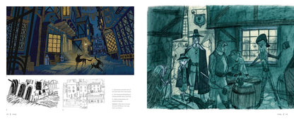 Illustrations of a dark alleyway with people and a horse, and architectural details.