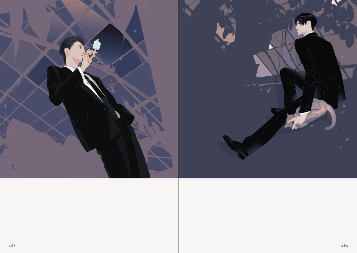 Two panels of a stylized illustration of a man in a suit sitting on a bench.