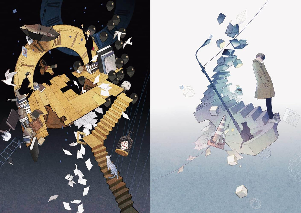 A split-panel illustration: the left side shows a surreal circular wooden platform with stairs, books, birds, and scattered papers in a dark scene; the right side shows a person standing on a floating stack of books and papers against a pale blue-white background.