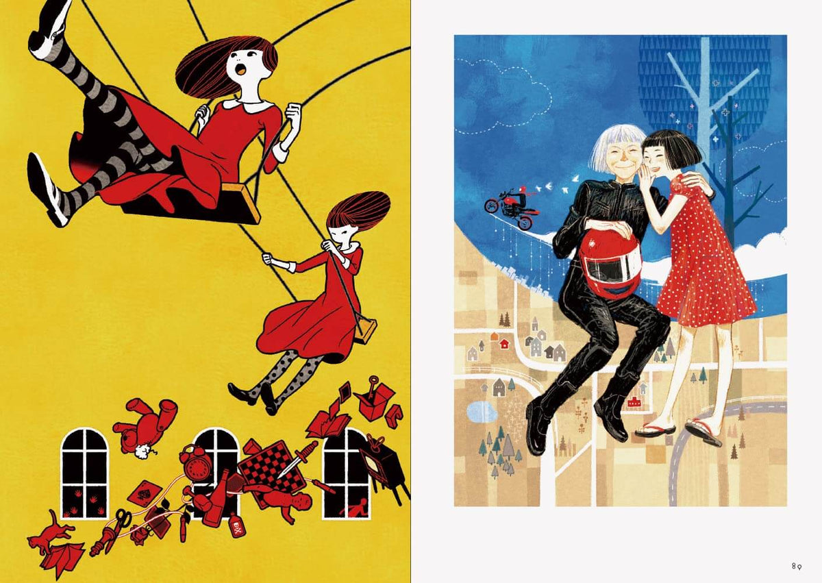 Two artistic illustrations of people in a cityscape with a yellow background on the left and a blue background on the right.