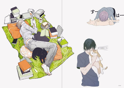 Comic-style illustration of a person lying on a bed with books and a cat, next to a close-up of the person's face.