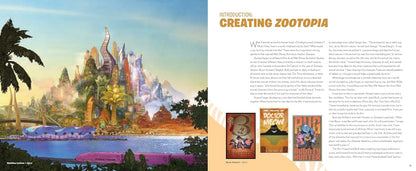 A two-page spread from a book or magazine about creating the Zootopia cartoon city. The left page shows a colorful illustrated landscape with futuristic buildings, water, and palm trees.