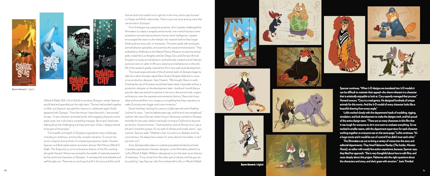 A printed book or magazine spread showing illustrated character art panels alongside blocks of text. The left page has two tall vertical art panels and dense text below, while the right page contains a collage of smaller character illustrations and caption text on a dark background.