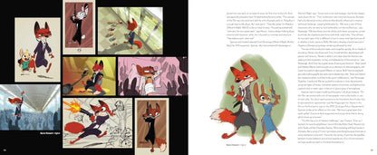 A printed page spread showing concept art and storyboards of a fox character in a suit, alongside handwritten notes and a larger character illustration on the right page.
