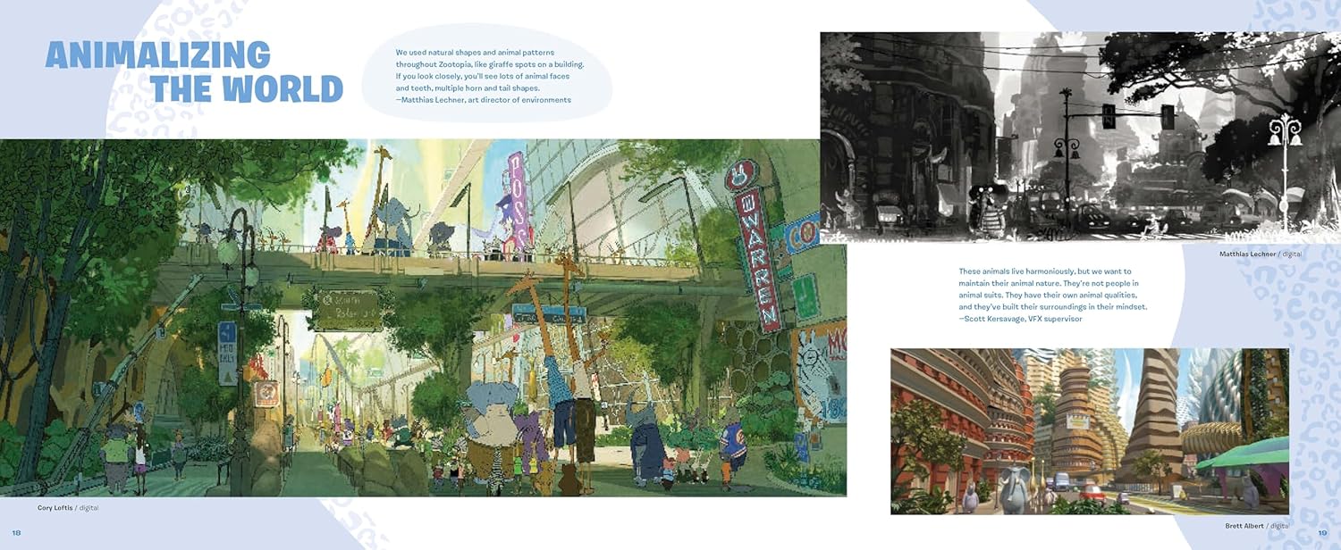 A two-page spread from an art book or magazine, featuring colorful architectural city illustrations and a black-and-white sketch. The left page has the headline 'ANIMALIZING THE WORLD' and shows a lush, detailed urban scene with people, trees, and bridges.
