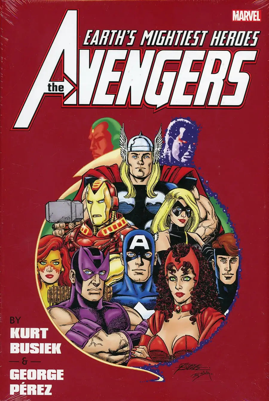 Front cover of the Marvel comic book 'The Avengers: Earth's Mightiest Heroes' by Kurt Busiek and George Pérez, featuring a red background with a central illustrated group of Marvel superheroes.