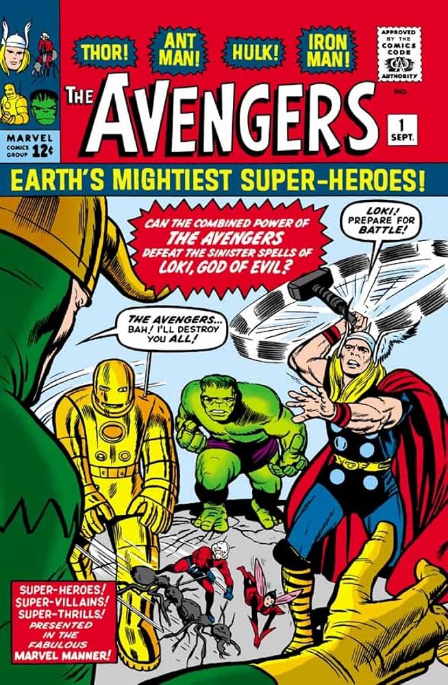 Vintage comic book cover featuring The Avengers with superhero characters.