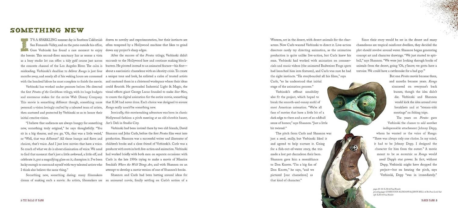 A printed page spread featuring columns of text and a large illustration of a green chameleon wearing a cowboy hat on the right side.