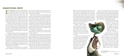 A printed page spread featuring columns of text and a large illustration of a green chameleon wearing a cowboy hat on the right side.