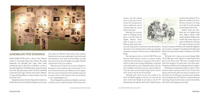 An open book spread showing two printed pages with text, a large historical photograph of a museum wall collage on the left page, and a small black-and-white illustration on the right page.