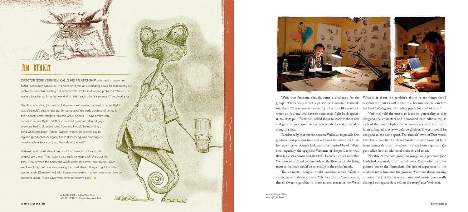 An open book spread showing a printed page with a large sketch of a mouse, a small photo of people working at a desk, and several paragraphs of text. The left page has a warm orange border and the right page is mostly white.