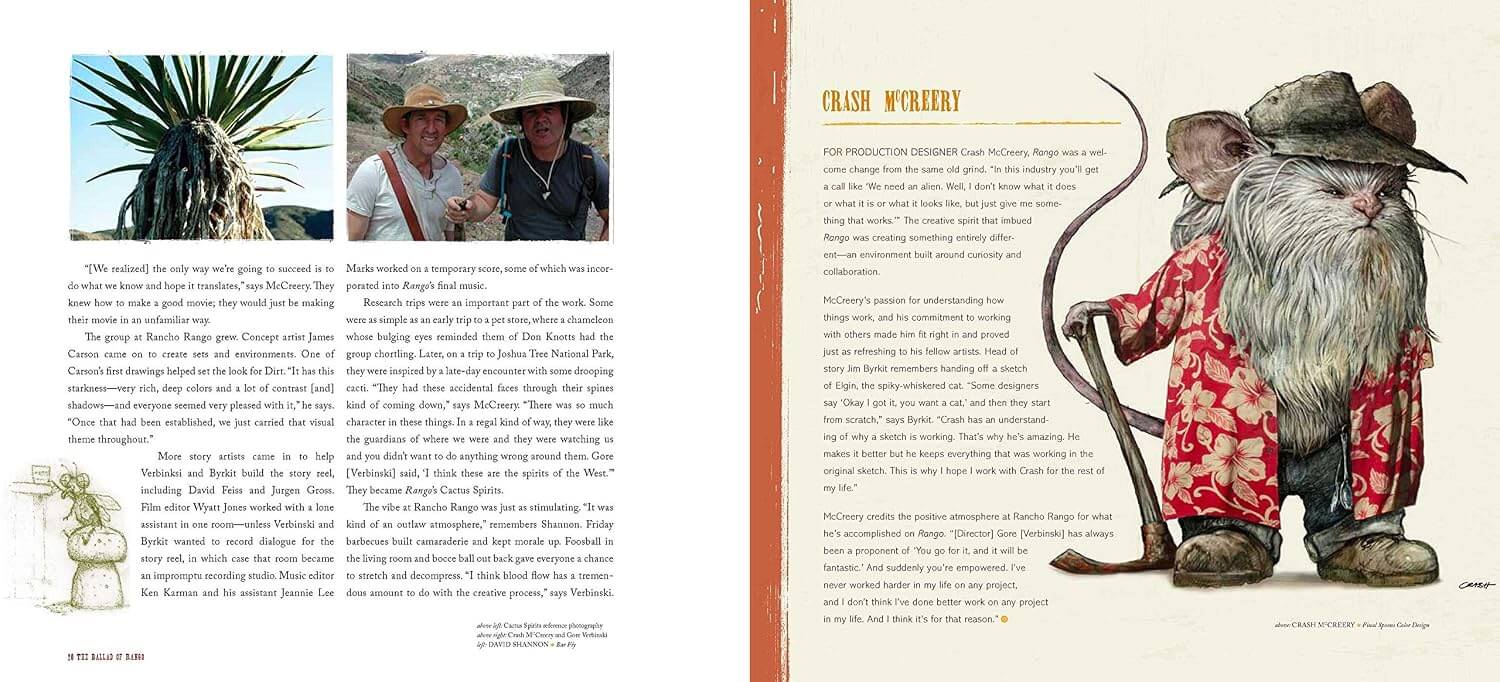 A two-page printed spread with text, small inset photos, and an illustrated figure wearing a red floral shirt and hat, likely a book or magazine interior page.