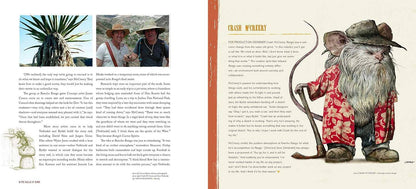 A two-page printed spread with text, small inset photos, and an illustrated figure wearing a red floral shirt and hat, likely a book or magazine interior page.