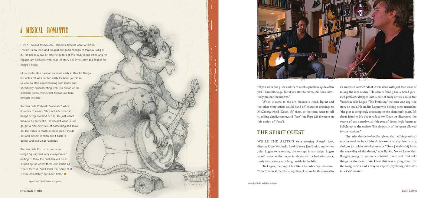 Book page with illustration of a woman playing guitar and text on the left, and two musicians playing guitar in a room on the right.