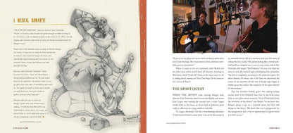 Book page with illustration of a woman playing guitar and text on the left, and two musicians playing guitar in a room on the right.