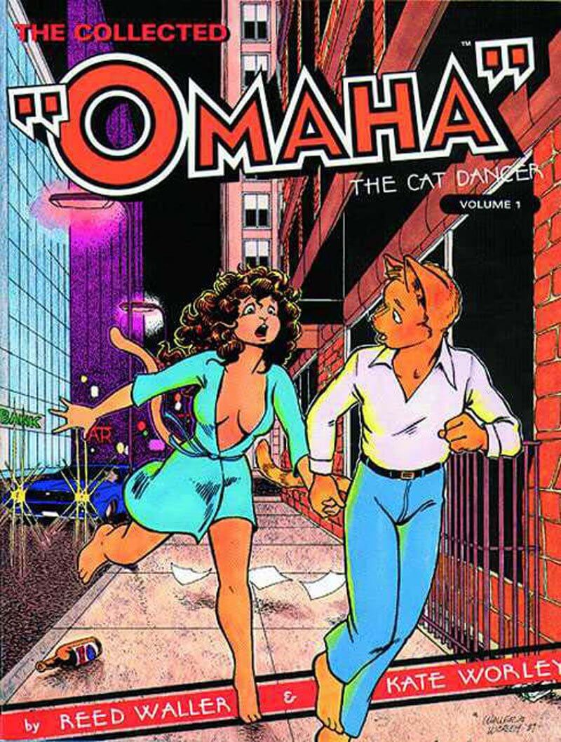 Comic book cover for "The Collected Omaha: The Cat Danger Volume 1" by Reed Waller and Kate Worley, showing an illustrated woman in a turquoise dress running from a cat-like man in a white shirt and blue pants down a city street.