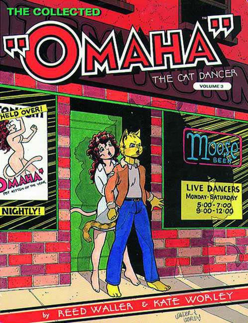 Comic book cover for "The Collected 'Omaha' the Cat Dancer Volume 3" featuring illustrated characters in front of a brick building with posters and a neon sign.