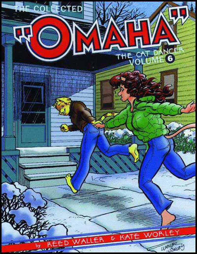 Comic book cover for "Omaha: The Cat Dancer Volume 6" showing two illustrated characters running in front of a house in a snowy outdoor scene. Large title text "Omaha" appears at the top, with creator names at the bottom.