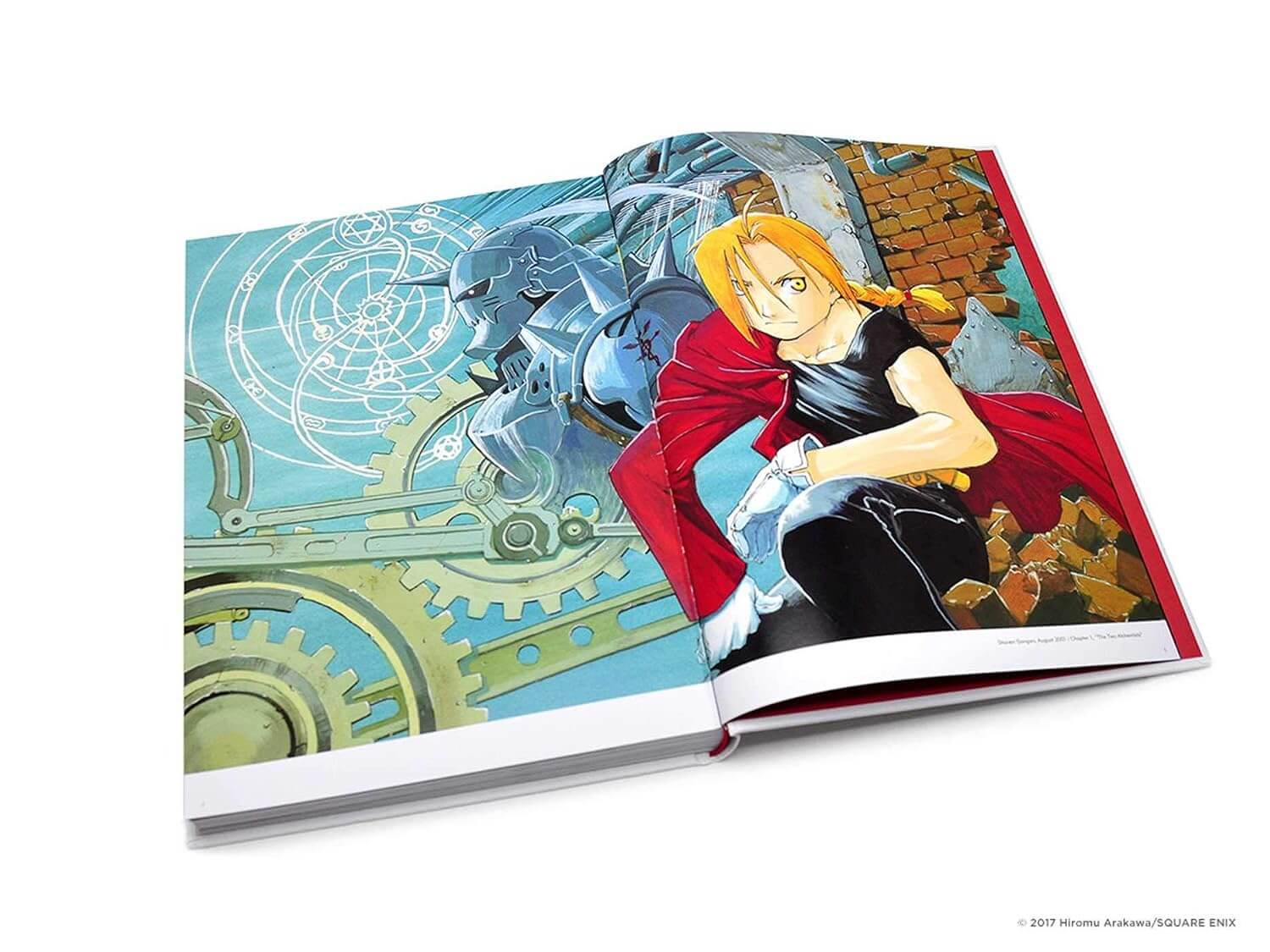 Open book with anime-style illustration of a character with red cape and blue background