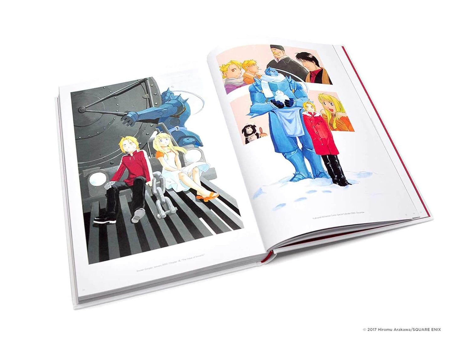 An open illustrated book or art print set displayed on a clean white background, showing two spread pages with colorful anime-style character illustrations.