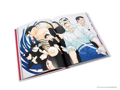 Open book showing animated characters in a dynamic pose with a white background