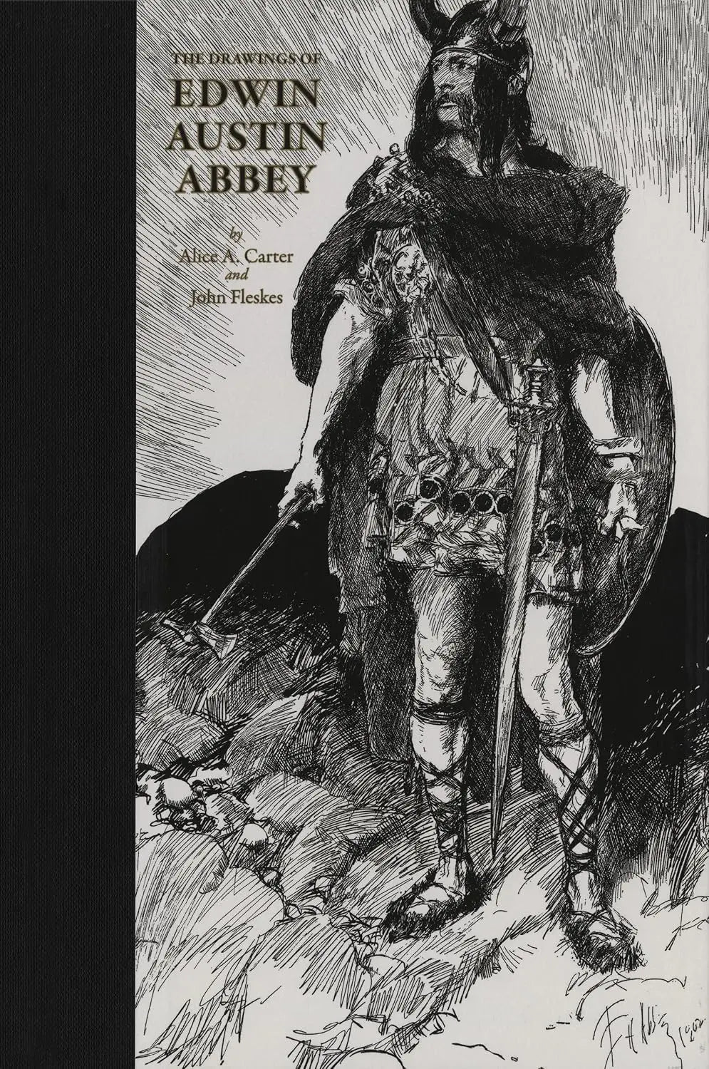Book cover for 'The Drawings of Edwin Austin Abbey' featuring a black-and-white illustration of a horned warrior holding a sword and staff, with the title and creator names printed on the left side.