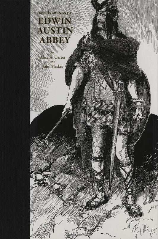 Book cover for 'The Drawings of Edwin Austin Abbey' featuring a black-and-white illustration of a horned warrior holding a sword and staff, with the title and creator names printed on the left side.