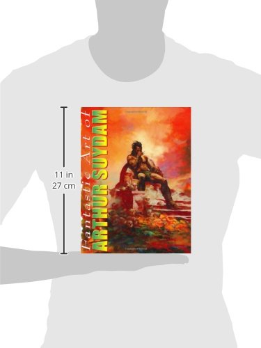 A book cover for 'Fantastic Art of Arthur Svidam' shown centered on a light gray torso silhouette with a vertical measurement marker reading 11 in / 27 cm. The cover features a dramatic illustrated scene in fiery red, orange, yellow, and green tones.