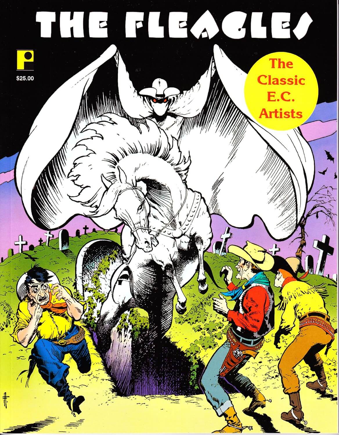 Vintage comic book cover titled 'THE FLEAGES' featuring a black-and-white winged figure riding a horse, with colorful cartoon cowboys and mourners in a graveyard scene. A yellow circle reads 'The Classic E.