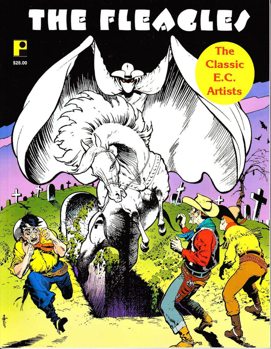 Vintage comic book cover titled 'THE FLEAGES' featuring a black-and-white winged figure riding a horse, with colorful cartoon cowboys and mourners in a graveyard scene. A yellow circle reads 'The Classic E.