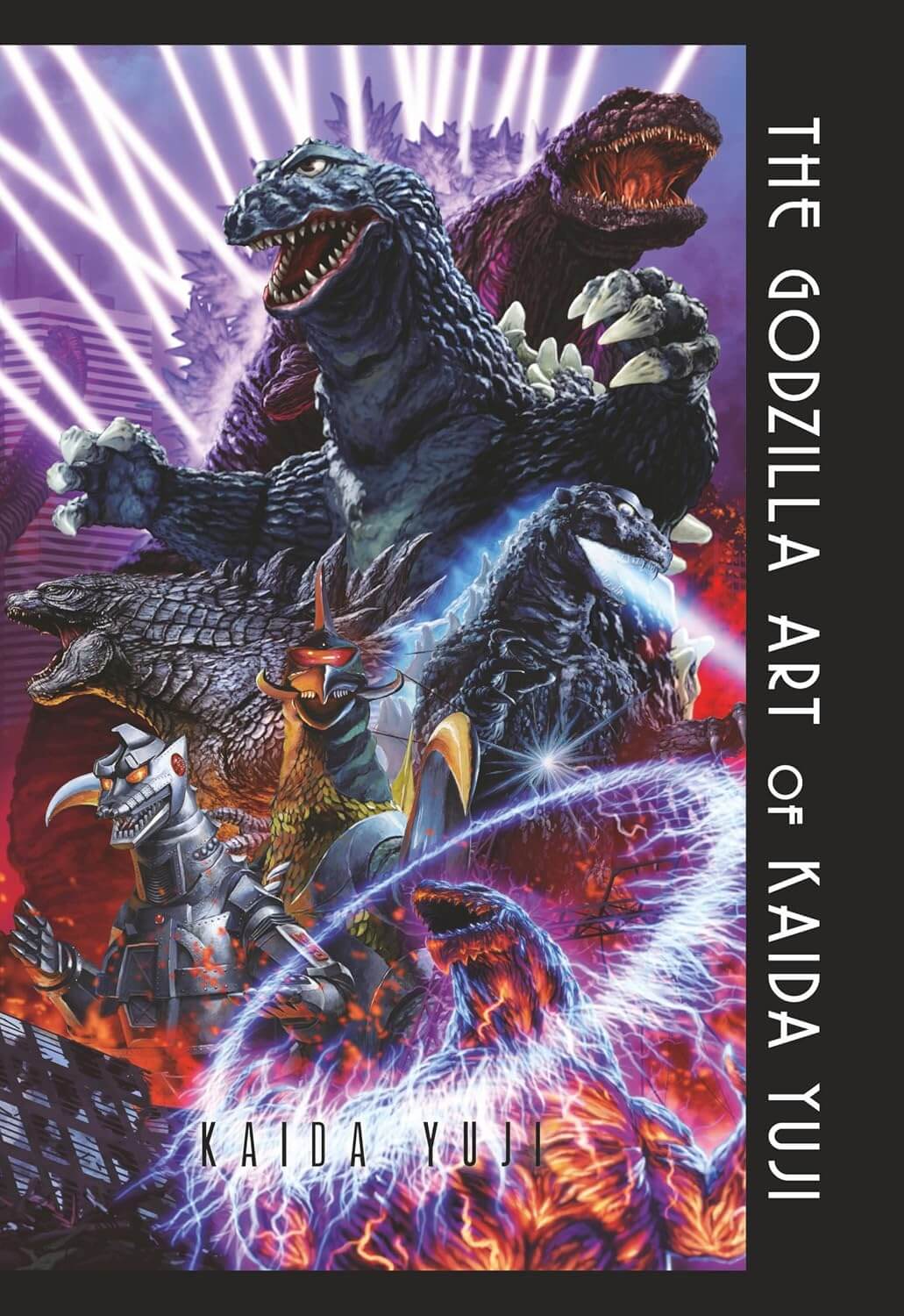Book cover of 'The Godzilla Art of Kaida Yuki' with a depiction of Godzilla against a colorful background.