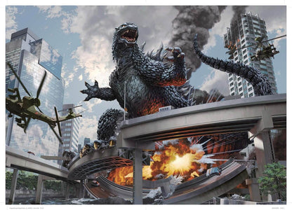 A dramatic sci-fi artwork showing a giant dark gray Godzilla-like monster standing on a highway overpass in a city, with explosions below, smoke in the sky, and military helicopters nearby.