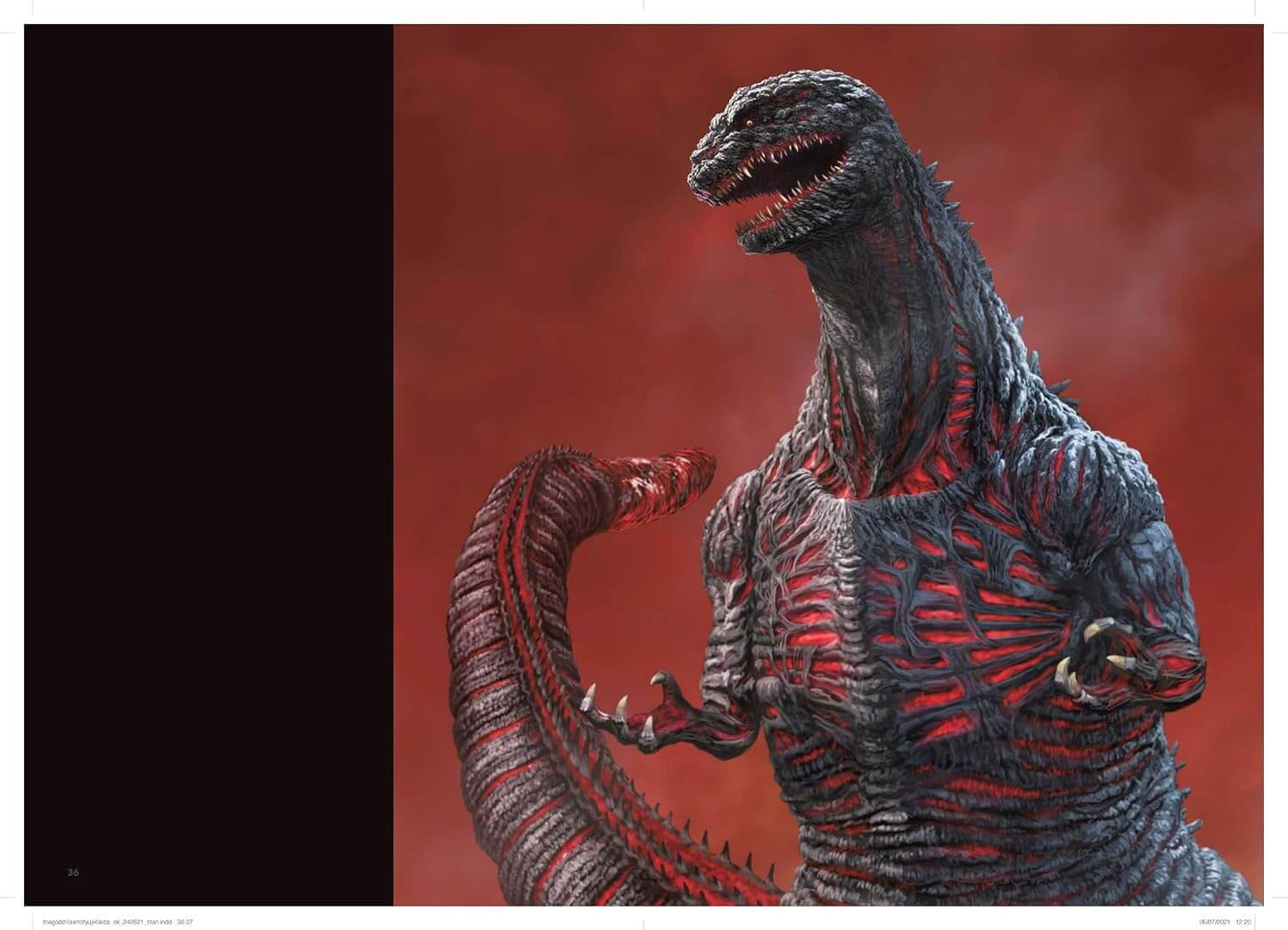 A stylized poster or print featuring a dark gray monster with glowing red internal details against a red background, with a large black vertical block on the left side of the composition.