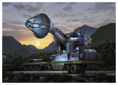 A military-style large vehicle-mounted radar or missile launcher depicted in a scenic mountain landscape at sunset. The product is shown in an outdoor environment with hills, trees, and sky, so this is best classified as Lifestyle rather than Product/Packaging.