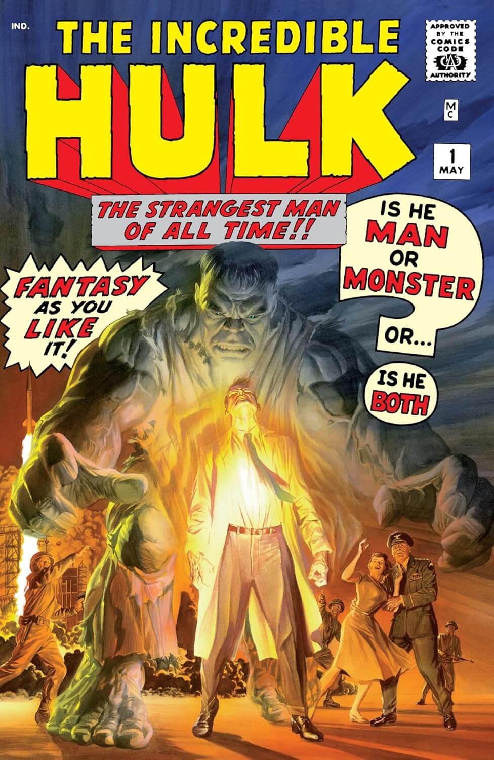 Omnibus book cover for The Incredible Hulk, showing a giant green monster looming behind a glowing man in a white suit, with bold yellow title text and speech bubbles on a dark illustrated background.