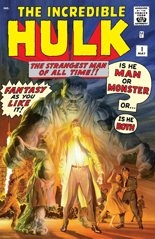 Omnibus book cover for The Incredible Hulk, showing a giant green monster looming behind a glowing man in a white suit, with bold yellow title text and speech bubbles on a dark illustrated background.