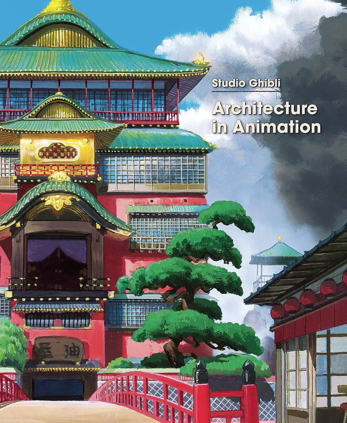 Cover of the book 'Studio Ghibli Architecture in Animation' featuring a colorful illustration of a traditional Japanese building with a red facade and green roof, reminiscent of the architecture seen in Studio Ghibli's animated films.