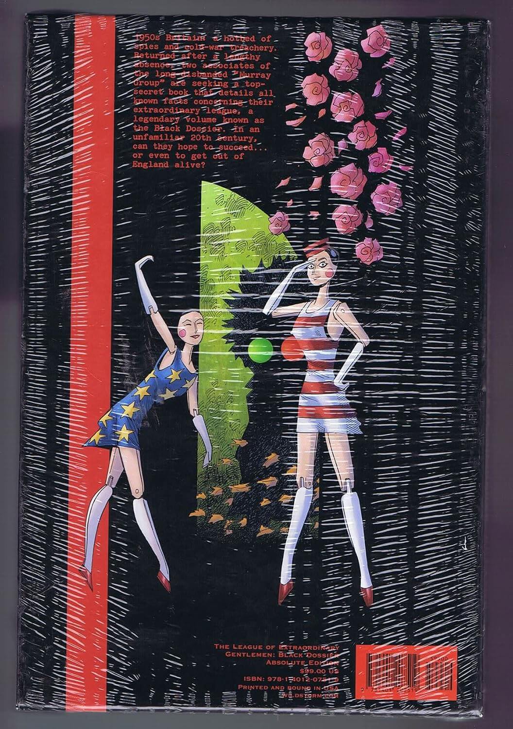 The back cover of the book 'The League of Extraordinary Gentlemen' Volume 1, featuring a black background with hand-drawn sketch lines, two stylized female characters in colorful dresses, pink roses, and a red vertical stripe on the left.