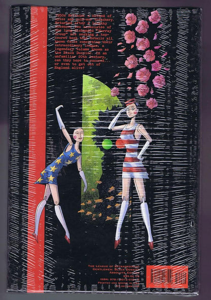 The back cover of the book 'The League of Extraordinary Gentlemen' Volume 1, featuring a black background with hand-drawn sketch lines, two stylized female characters in colorful dresses, pink roses, and a red vertical stripe on the left.