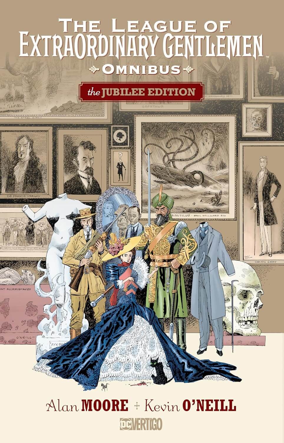 Front cover of the book 'The League of Extraordinary Gentlemen Omnibus: the Jubilee Edition' by Alan Moore and Kevin O'Neill, featuring a collage of illustrated historical figures in Victorian and early 20th-century attire against a beige room with framed sketches.
