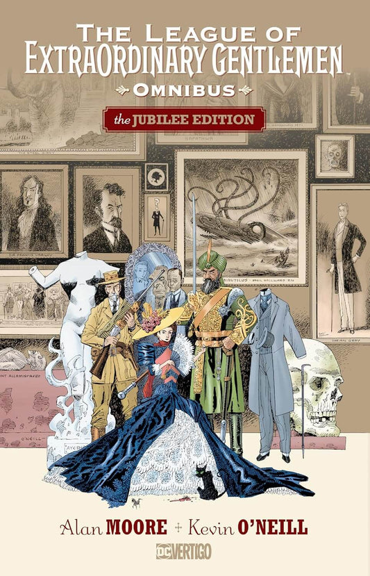 Front cover of the book 'The League of Extraordinary Gentlemen Omnibus: the Jubilee Edition' by Alan Moore and Kevin O'Neill, featuring a collage of illustrated historical figures in Victorian and early 20th-century attire against a beige room with framed sketches.