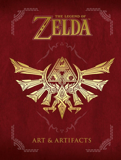 Cover of 'The Legend of Zelda: Art and Artifacts' book featuring a stylized illustration of the 'Z' symbol from The Legend of Zelda game series on a red background.