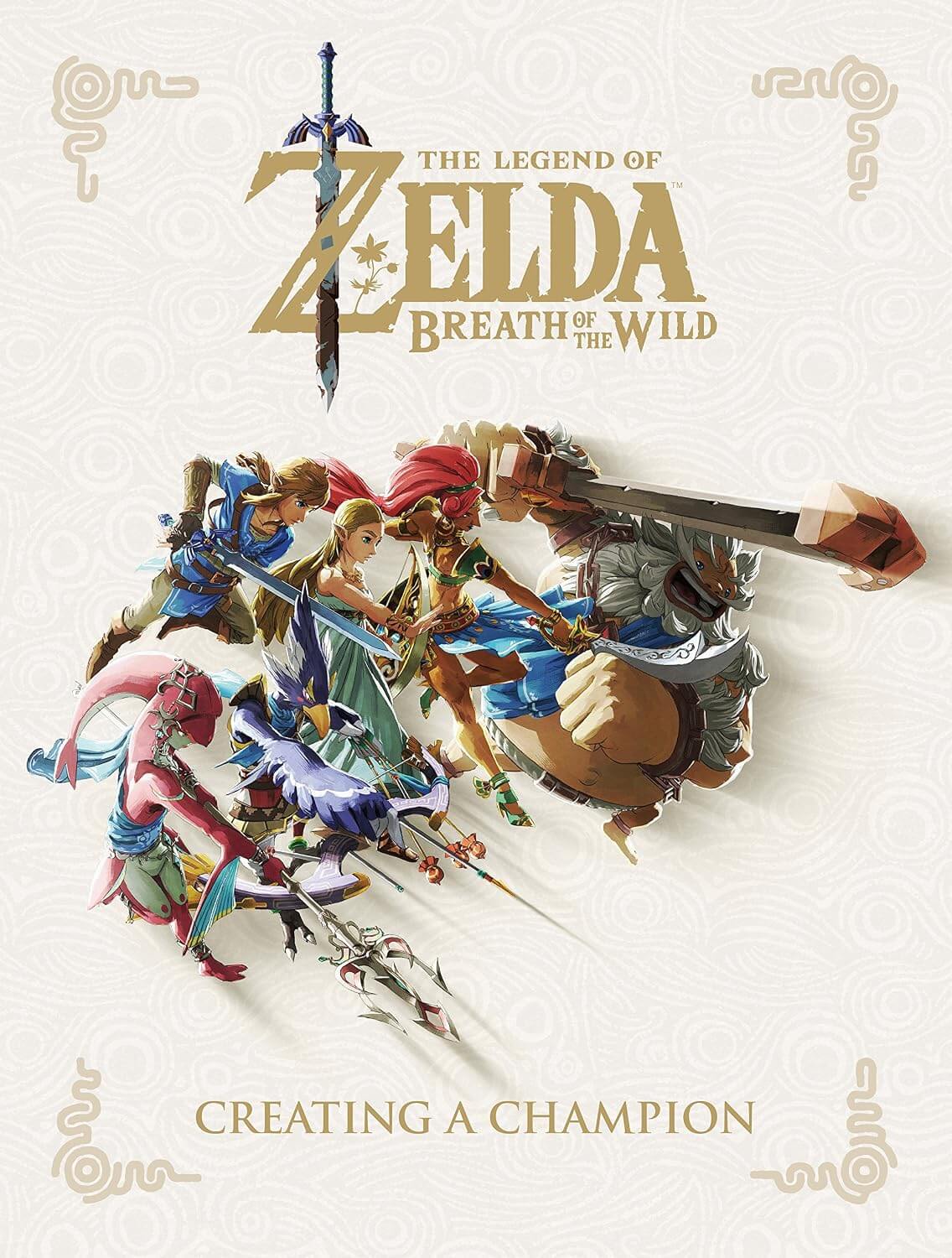 Cover of 'The Legend of Zelda: Breath of the Wild' hardcover book featuring illustrations of characters and a fantasy landscape.