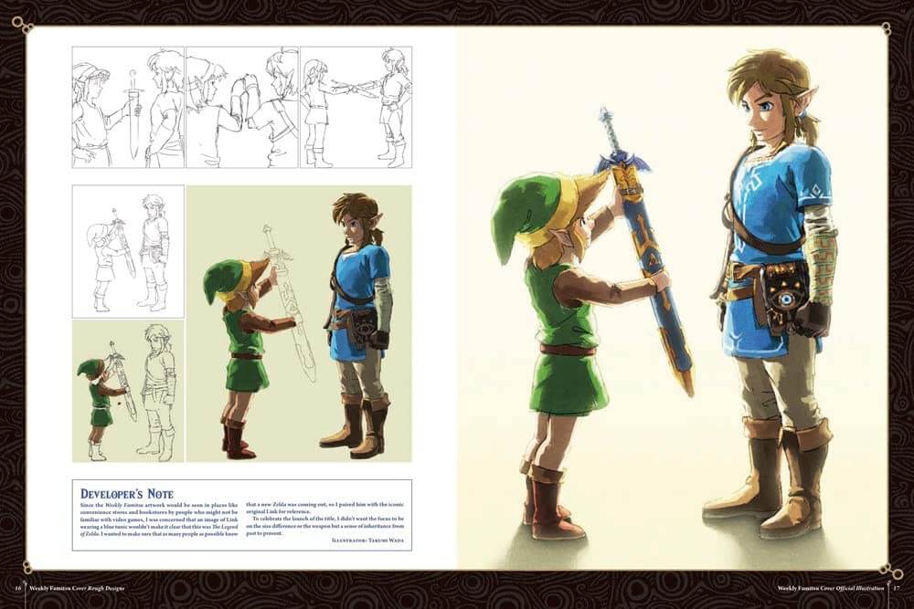 A printed character concept art sheet showing multiple sketches and finalized illustrations of a fantasy young male character in green and blue attire, with a large full-body rendering on the right and a developer's note on the left.