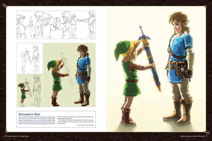 A printed character concept art sheet showing multiple sketches and finalized illustrations of a fantasy young male character in green and blue attire, with a large full-body rendering on the right and a developer's note on the left.