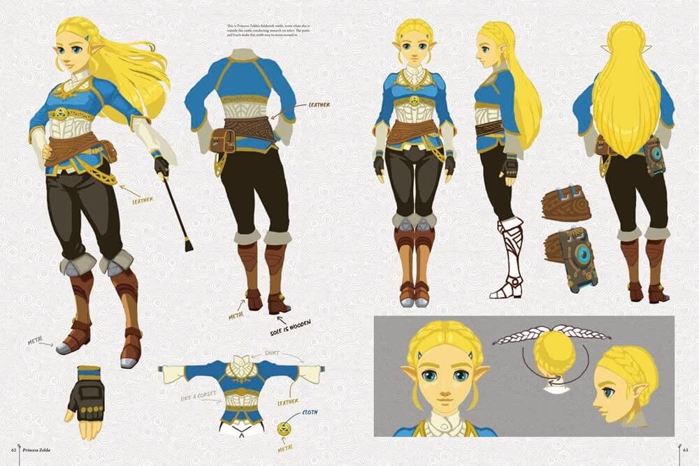 A character concept sheet showing multiple front, back, and side views of a blonde female fantasy warrior with blue, white, and brown outfit details, plus smaller accessory and face-view illustrations on a light gray background.
