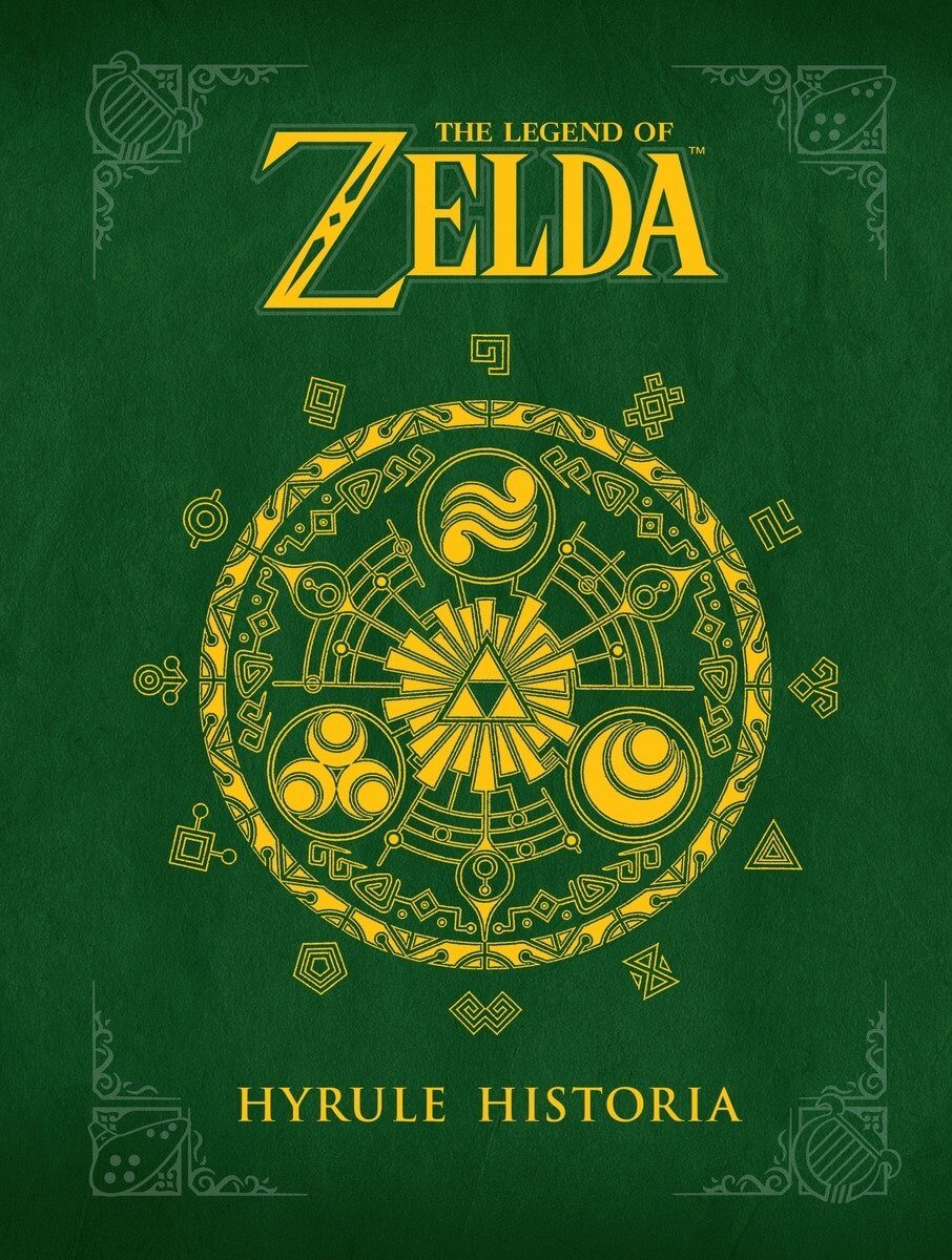 The front cover of the book 'The Legend of Zelda: Hyrule Historia' featuring a dark green textured background with gold/yellow title text and an intricate circular Triforce emblem in the center.