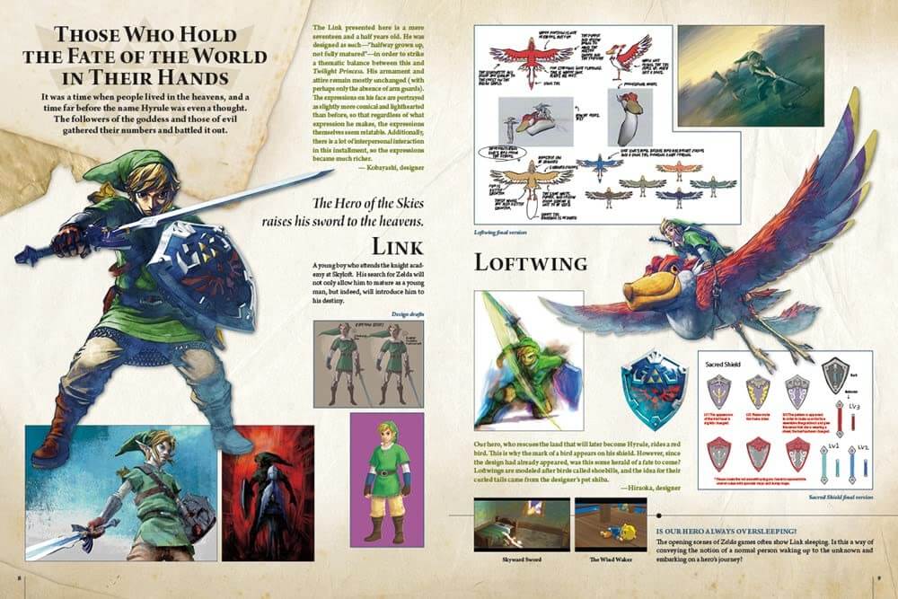An educational poster or art print detailing the design and creation of Link and the Lothwings from the Legend of Zelda series, featuring character illustrations, sketches, and text on a parchment-style background.