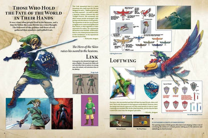 An educational poster or art print detailing the design and creation of Link and the Lothwings from the Legend of Zelda series, featuring character illustrations, sketches, and text on a parchment-style background.